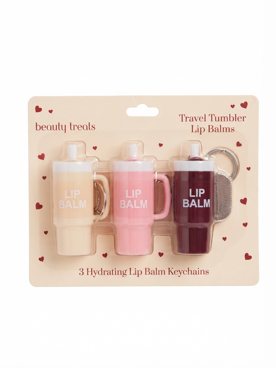 Set de bálsamos labiales hidratantes en forma de mini vaso térmico con llavero de Beauty Treats